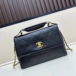 CHANEL Black Quilted Leather Top-Handle Shoulder Bag with Gold CC